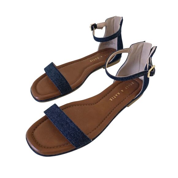 Kelly & Katie Denim Ankle Strap Sandals Womens 7M Blue Denim Flat Zip Back - Picture 1 of 10